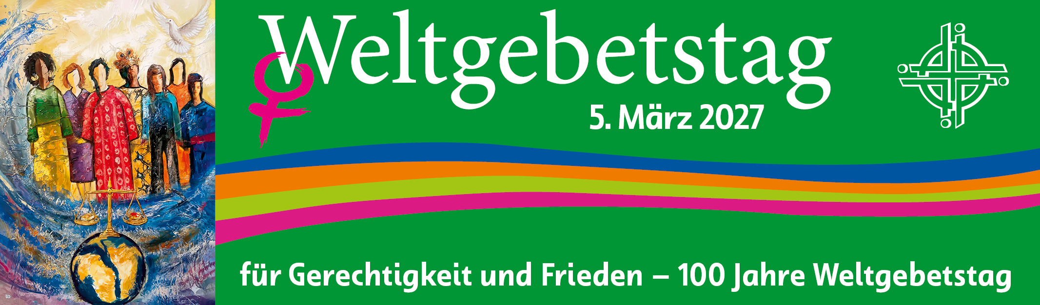 Banner Weltgebetstag 5. März für Gerechtigkeit und Frieden 