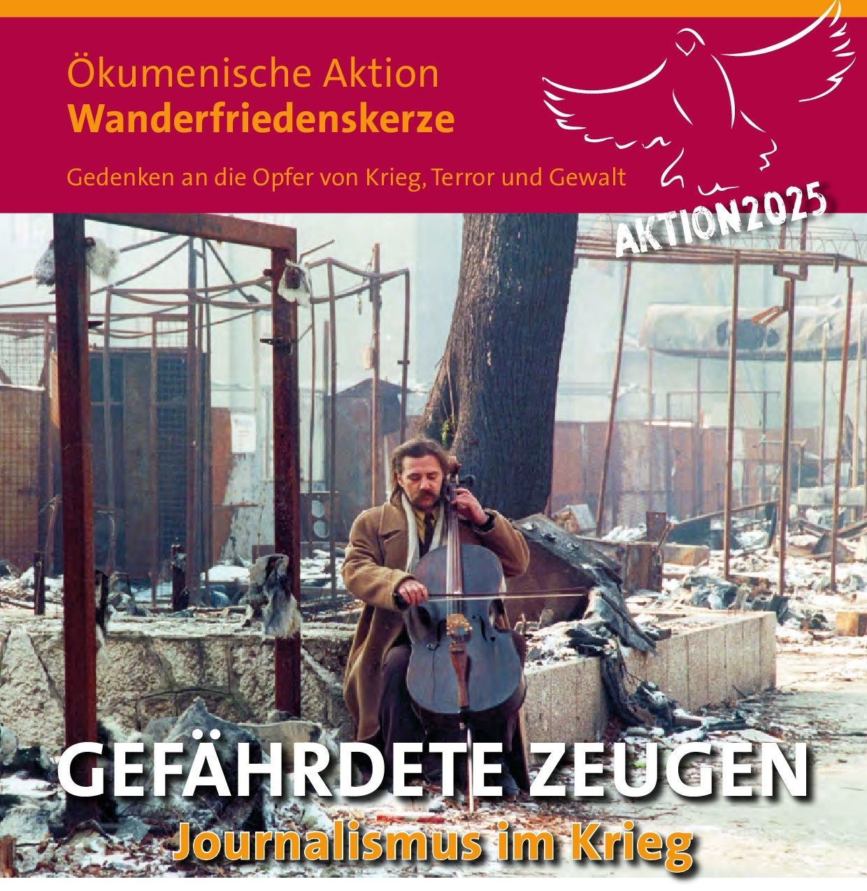 Plakat der Aktion, ein Mann spielt ein Instrument, im Hintergrund ist eine zerstörtes Gelände