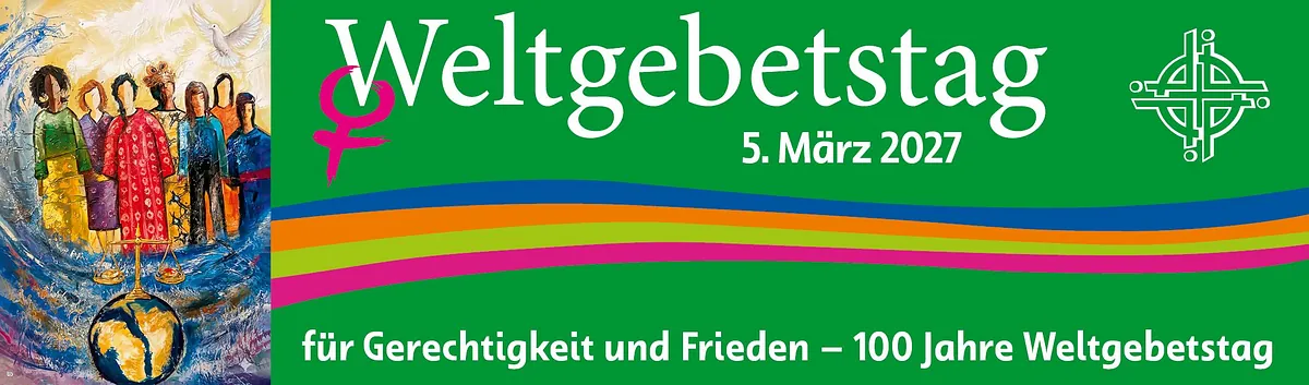 Banner Weltgebetstag 5. März für Gerechtigkeit und Frieden 