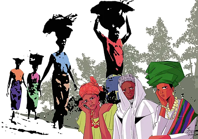 Zeichnung Frauen tragen Körbe auf dem Kopf, 3 Frauen Sitzen nachdenklich davor