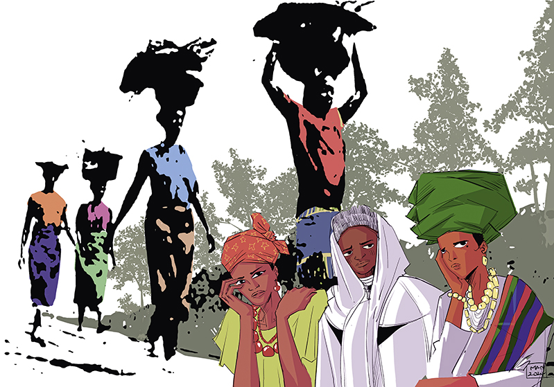 Zeichnung Frauen tragen Körbe auf dem Kopf, 3 Frauen Sitzen nachdenklich davor