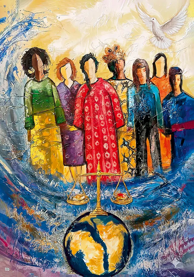Frauen stehen zusammen, an der linken Seite eine Wasserwelle; über ihnen schwebt eine Taube