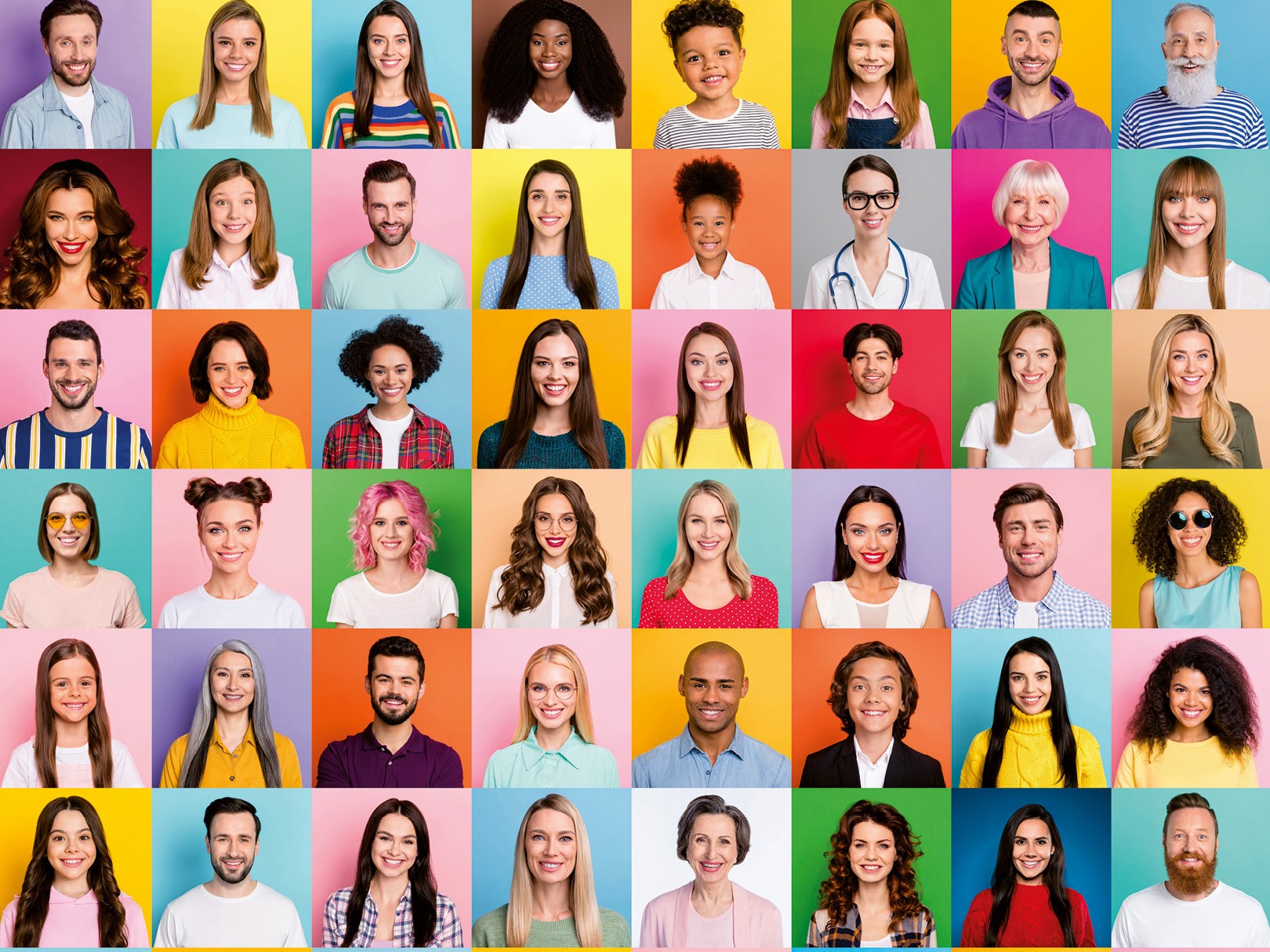 viele unterschiedliche Gesichter in Quadraten angeordnet