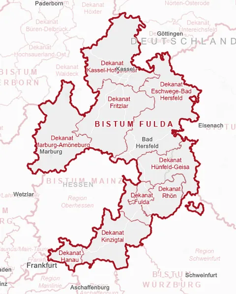 Landkarte des Bistums Fulda mit Dekanaten