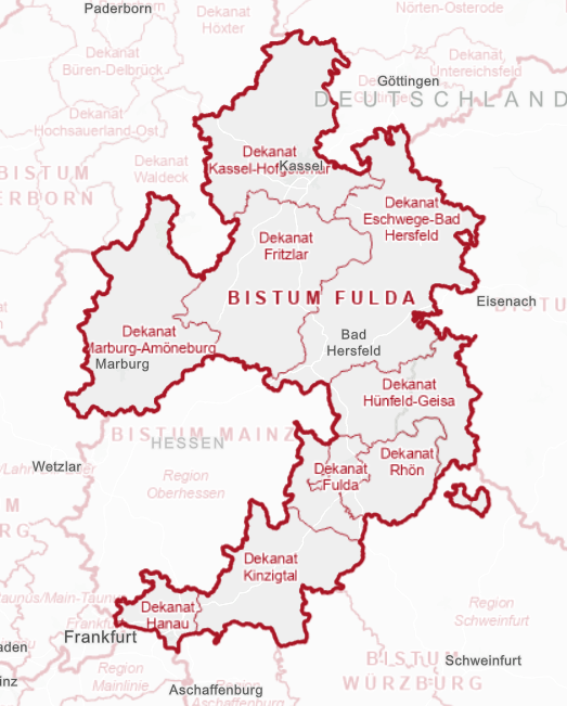 Landkarte des Bistums Fulda mit Dekanaten