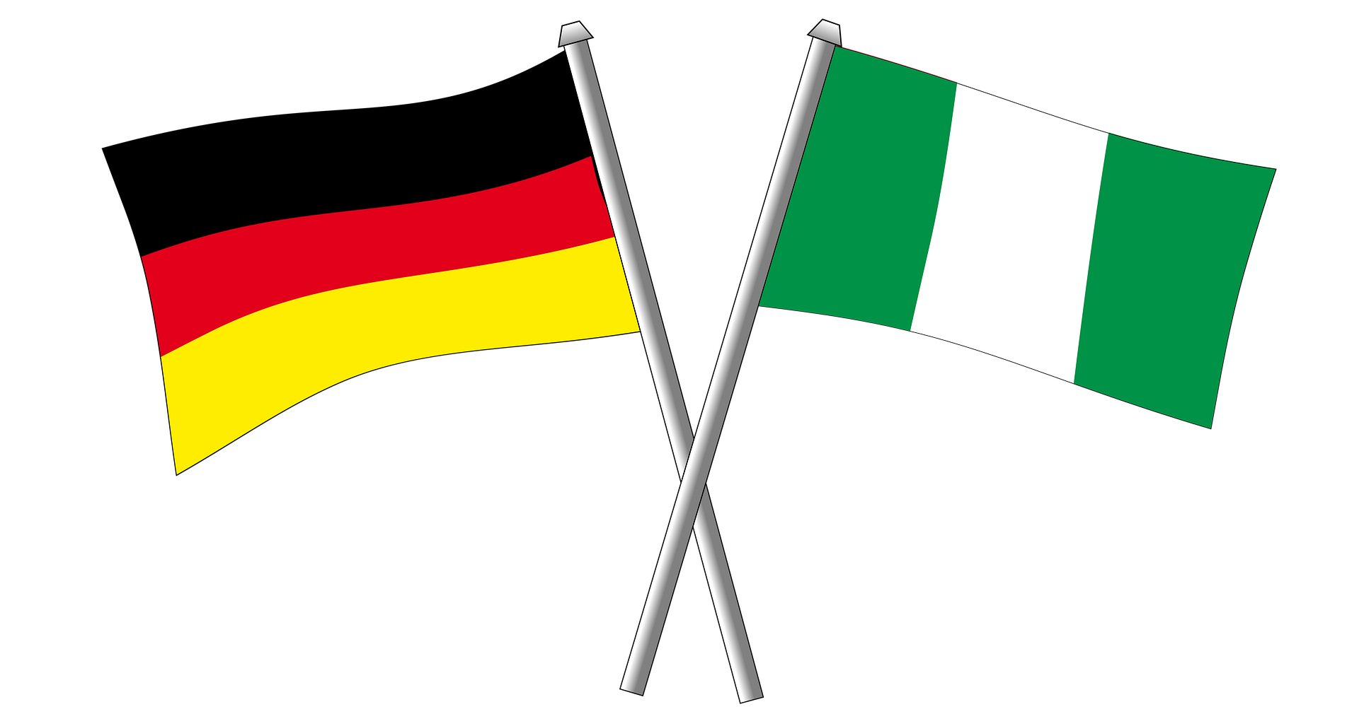 Die Deutschlandfahne und die Fahne von Nigeria kreuzen sich